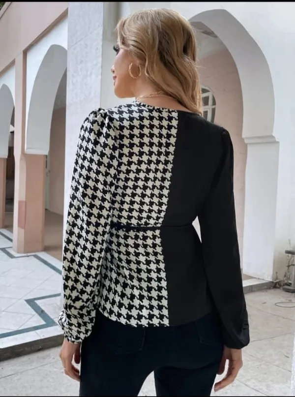Black_Polyester_Houndstooth_Tops_For_Women_&_Girls