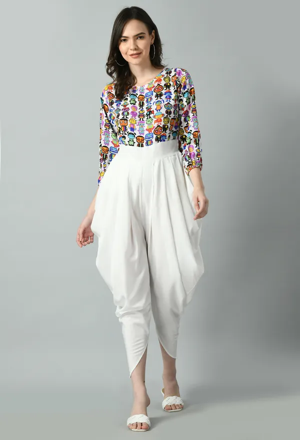 White_Polyester_Playful_Printed_Draped_Dhoti_Style_Jumpsuit_For_Women_&_Girls