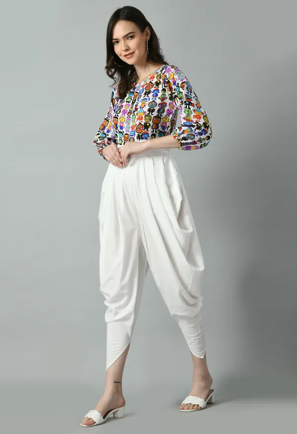 White_Polyester_Playful_Printed_Draped_Dhoti_Style_Jumpsuit_For_Women_&_Girls