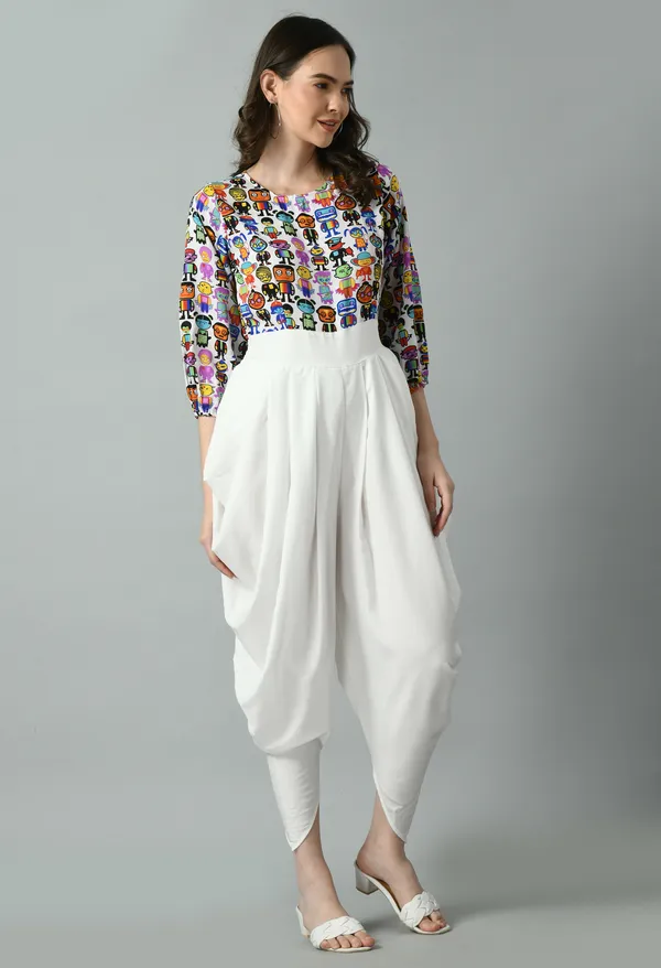 White_Polyester_Playful_Printed_Draped_Dhoti_Style_Jumpsuit_For_Women_&_Girls