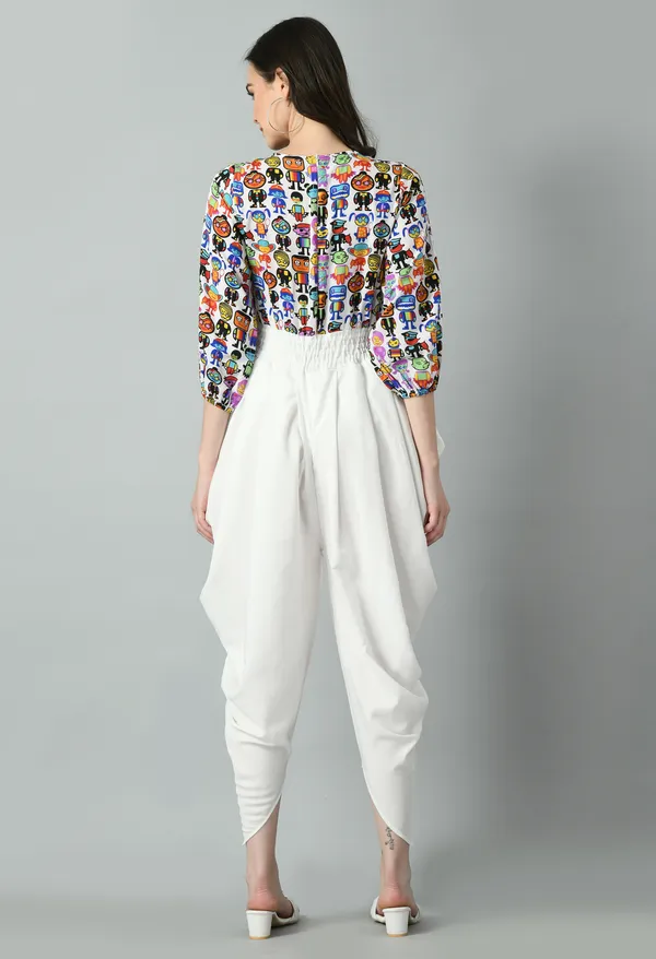 White_Polyester_Playful_Printed_Draped_Dhoti_Style_Jumpsuit_For_Women_&_Girls
