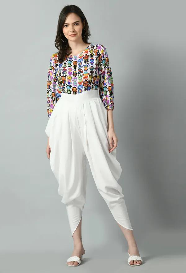 White_Polyester_Playful_Printed_Draped_Dhoti_Style_Jumpsuit_For_Women_&_Girls