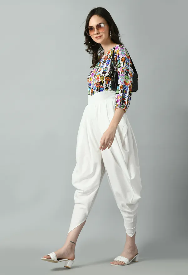 White_Polyester_Playful_Printed_Draped_Dhoti_Style_Jumpsuit_For_Women_&_Girls
