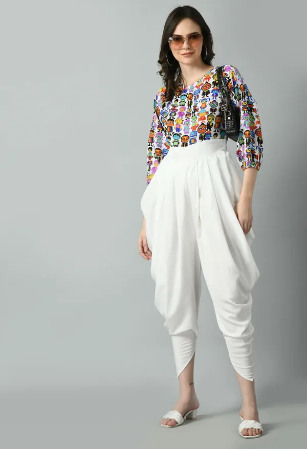 White_Polyester_Playful_Printed_Draped_Dhoti_Style_Jumpsuit_For_Women_&_Girls