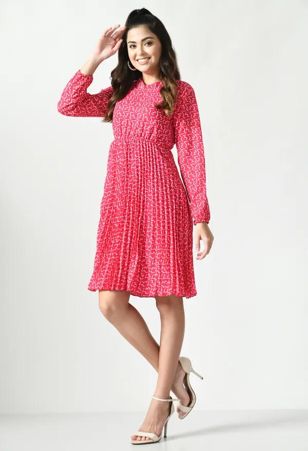 Pink_Polyester_Abstract_Printed_Knee_Lenght_Dresses_For_Women_&_Girls