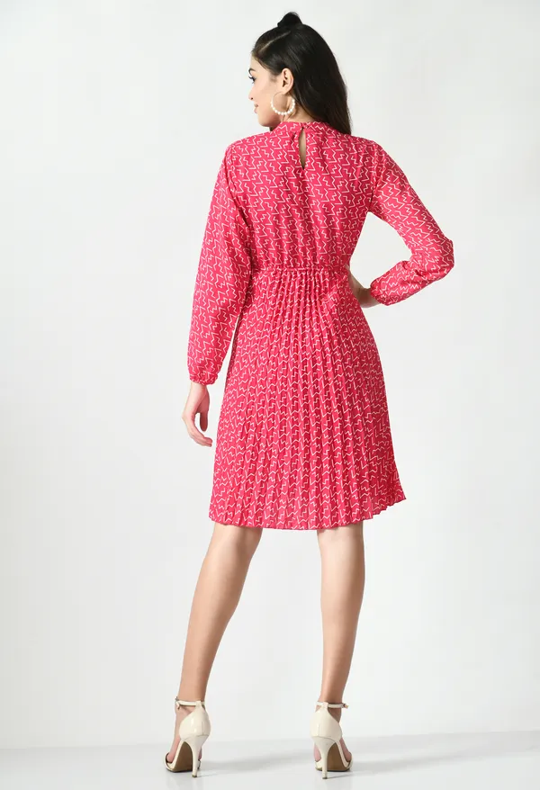 Pink_Polyester_Abstract_Printed_Knee_Lenght_Dresses_For_Women_&_Girls