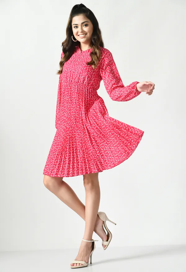 Pink_Polyester_Abstract_Printed_Knee_Lenght_Dresses_For_Women_&_Girls