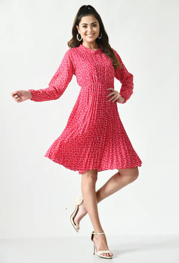 Pink_Polyester_Abstract_Printed_Knee_Lenght_Dresses_For_Women_&_Girls