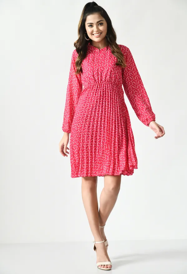 Pink_Polyester_Abstract_Printed_Knee_Lenght_Dresses_For_Women_&_Girls