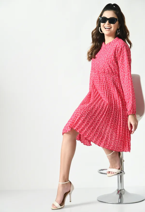 Pink_Polyester_Abstract_Printed_Knee_Lenght_Dresses_For_Women_&_Girls