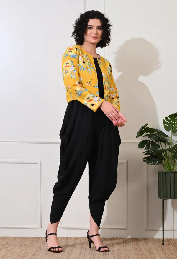 Yellow_&_Black_Polyester_Floral_Jacket_With_Dhoti_Jumpsuit_For_Women_&_Girls