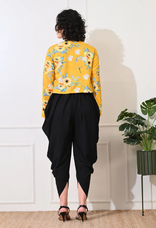 Yellow_&_Black_Polyester_Floral_Jacket_With_Dhoti_Jumpsuit_For_Women_&_Girls