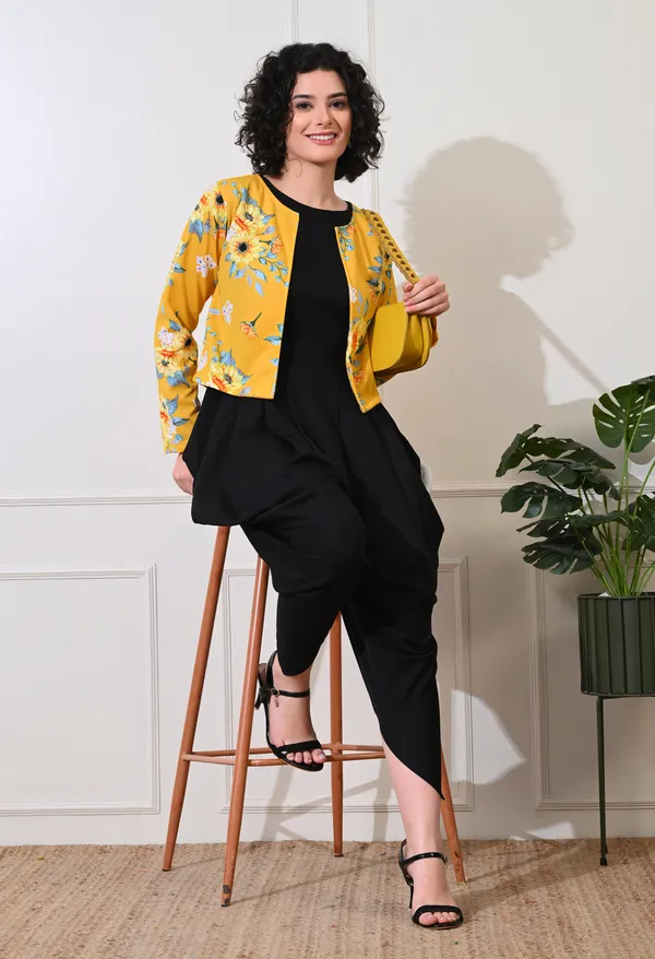 Yellow_&_Black_Polyester_Floral_Jacket_With_Dhoti_Jumpsuit_For_Women_&_Girls
