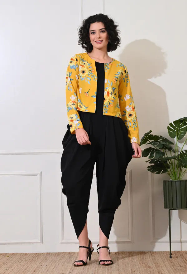 Yellow_&_Black_Polyester_Floral_Jacket_With_Dhoti_Jumpsuit_For_Women_&_Girls