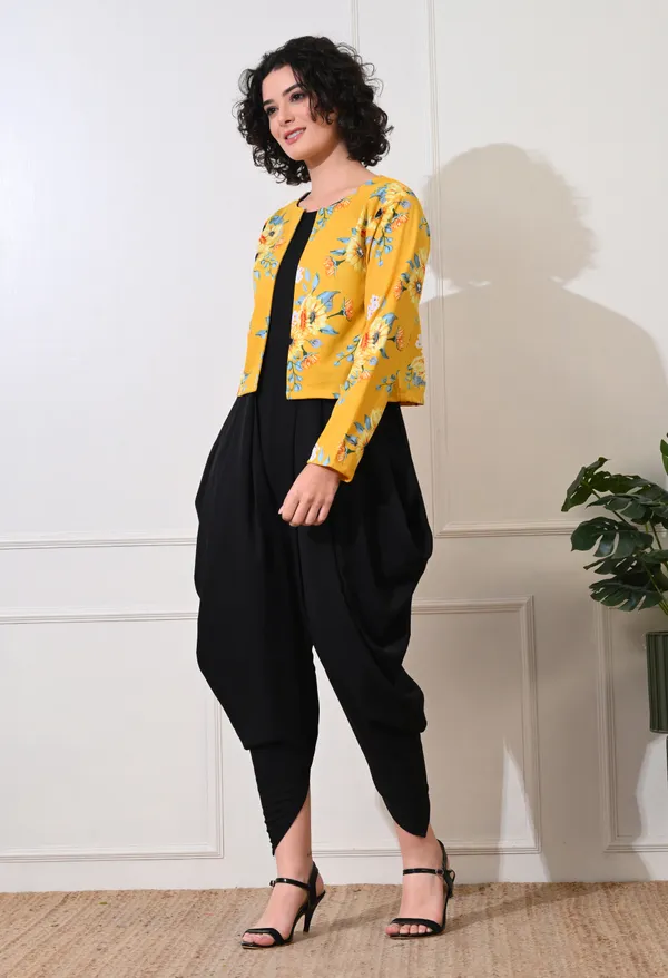 Yellow_&_Black_Polyester_Floral_Jacket_With_Dhoti_Jumpsuit_For_Women_&_Girls