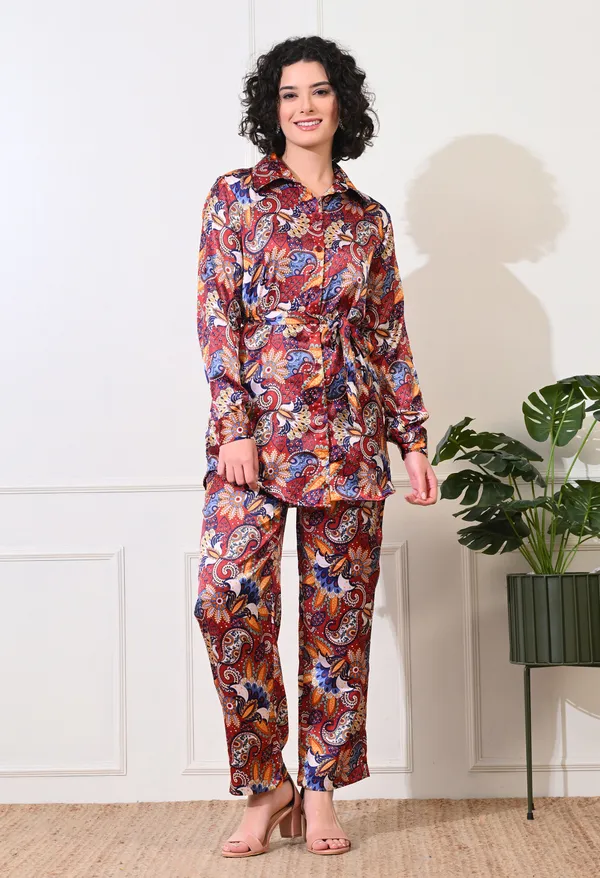 Maroon_Polyester_Elegant_Paisley_Long_Roll_On_Sleeves_Shirt_With_Trousers_Co-Ords_For_Women_&_Girls