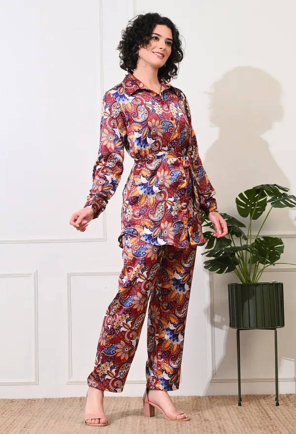 Maroon_Polyester_Elegant_Paisley_Long_Roll_On_Sleeves_Shirt_With_Trousers_Co-Ords_For_Women_&_Girls