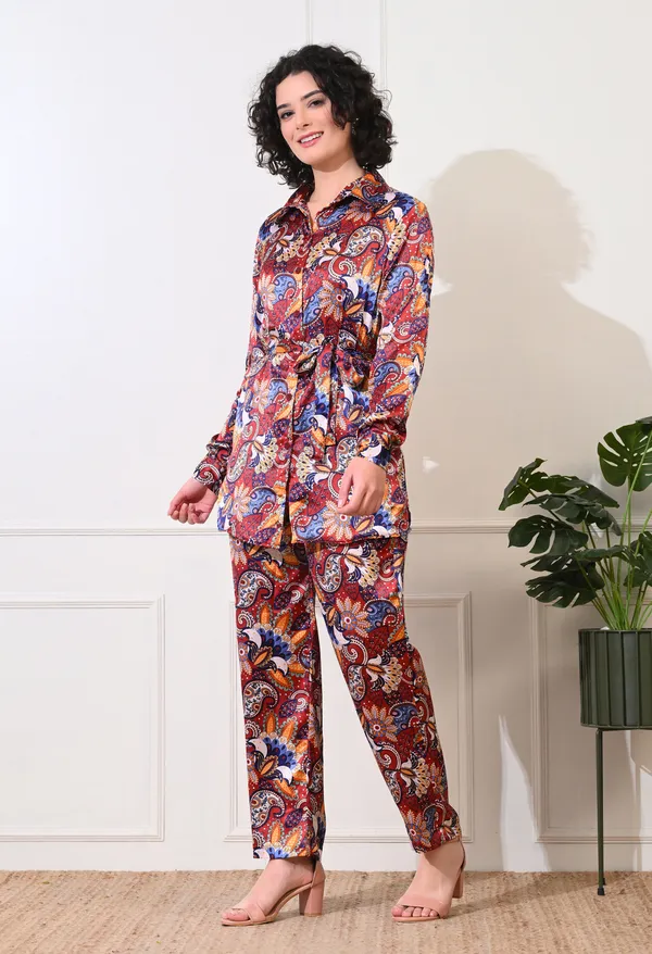 Maroon_Polyester_Elegant_Paisley_Long_Roll_On_Sleeves_Shirt_With_Trousers_Co-Ords_For_Women_&_Girls