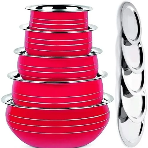 Pack_of_5_Red_Pack_Of_5_Flat_Base_Stainless_Steel_Handi_With_Lid/Urli_Pack/Steel_Cookware