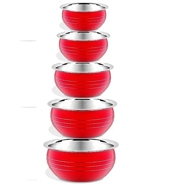 Pack_of_5_Red_Pack_Of_5_Flat_Base_Stainless_Steel_Handi_With_Lid/Urli_Pack/Steel_Cookware
