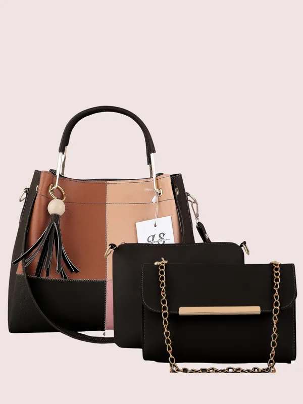 Black_PU_Leather_Closure_Zip_Shoulder_Bag_Set_Of_3_(_29_*_23_*_9_Cm)