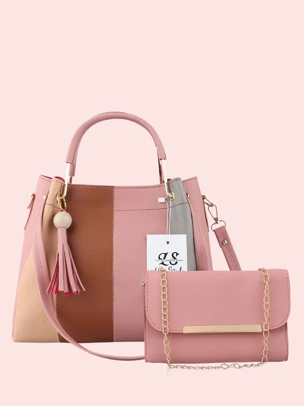 Pink_PU_Leather_Closure_Zip_Sling_Bag_Set_Of_2_(_29_*_23_*_9_Cm)