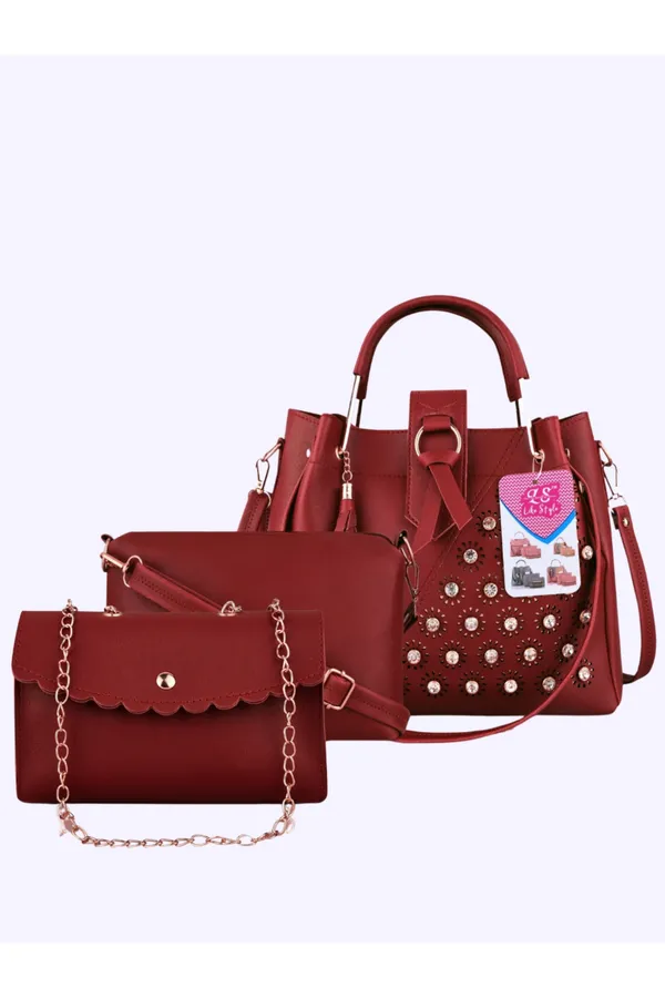 Maroon_PU_Leather_Closure_Flap_&_Zip_Handheld_Set_Of_3_(_29_*_23_*_9_Cm)