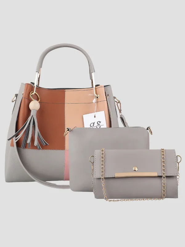 Grey_PU_Leather_Closure_Zip_Shoulder_Bag_Set_Of_3_(_29_*_23_*_9_Cm)