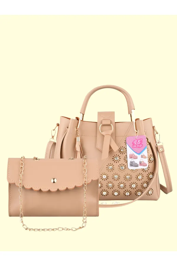 Beige_PU_Leather_Closure_Flap_&_Zip_Sling_Bag_Set_Of_2_(_29_*_23_*_9_Cm)