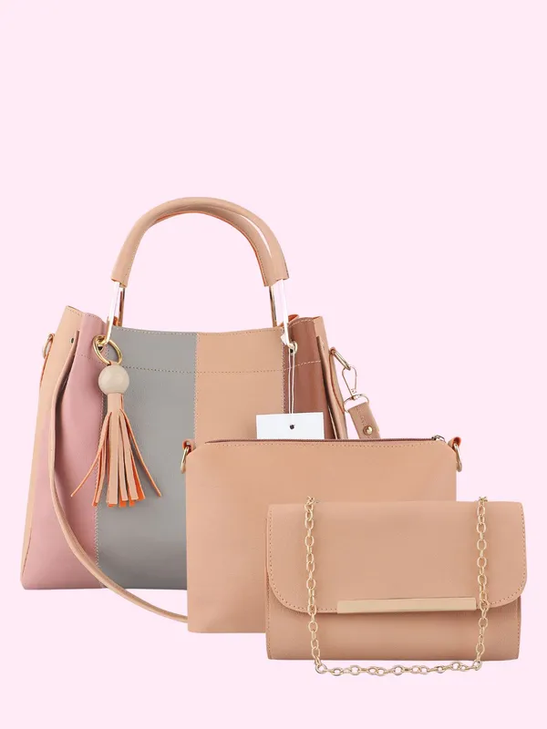 Beige_PU_Leather_Closure_Zip_Shoulder_Bag_Set_Of_3_(_29_*_23_*_9_Cm)