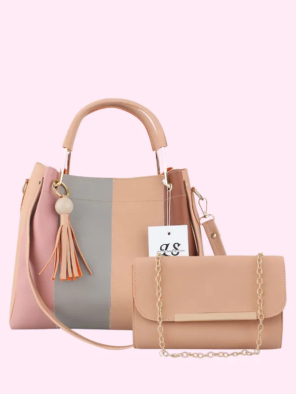Beige_PU_Leather_Closure_Zip_Sling_Bag_Set_Of_2_(_29_*_23_*_9_Cm)