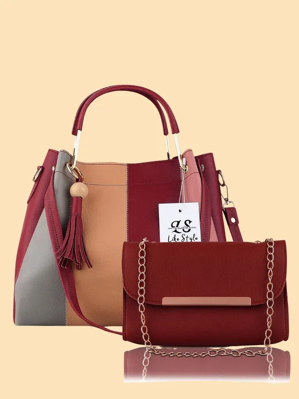 Maroon_PU_Leather_Closure_Zip_Sling_Bag_Set_Of_2_(_29_*_23_*_9_Cm)