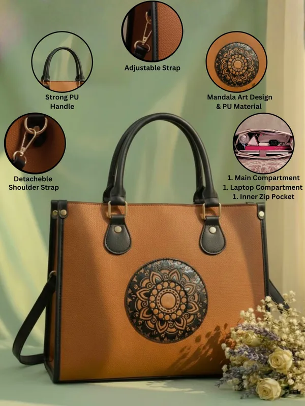 LIKE_STYLE_Women’s_Mandala_Patch_PU_Tote_Bag_with_Laptop_Compartment