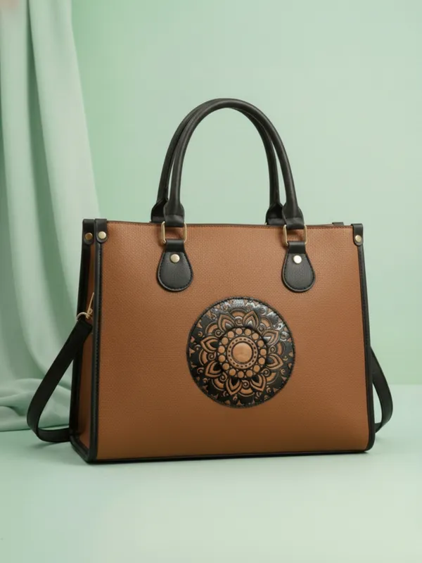 LIKE_STYLE_Women’s_Mandala_Patch_PU_Tote_Bag_with_Laptop_Compartment