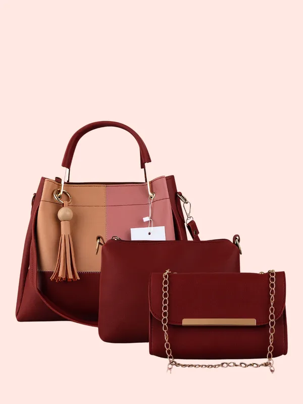 Maroon_PU_Leather_Closure_Zip_Shoulder_Bag_Set_Of_3_(_29_*_23_*_9_Cm)