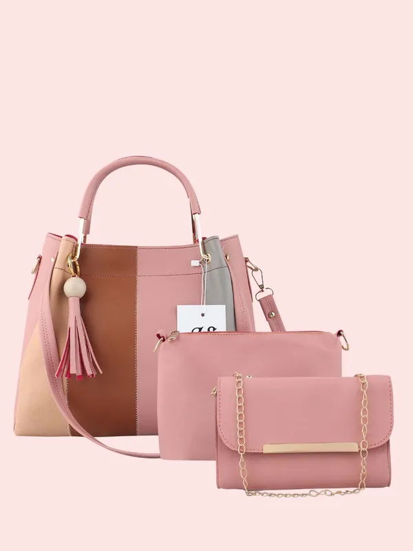 Pink_PU_Leather_Closure_Zip_Shoulder_Bag_Set_Of_3_(_29_*_23_*_9_Cm)