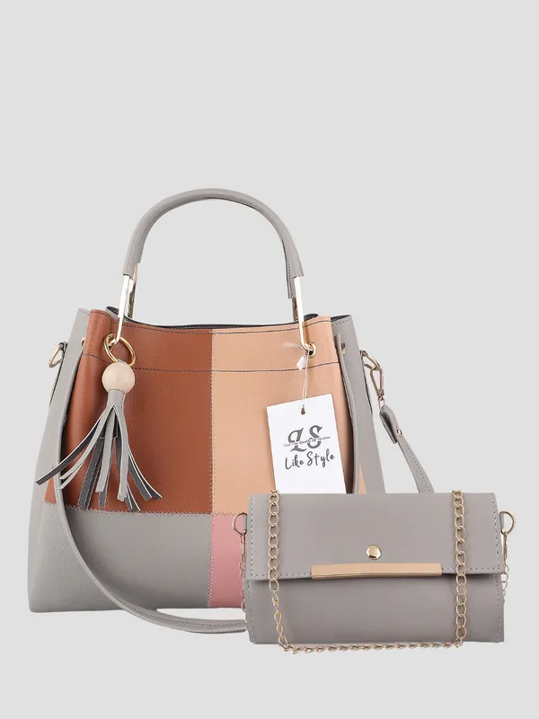 Grey_PU_Leather_Closure_Zip_Sling_Bag_Set_Of_2_(_29_*_23_*_9_Cm)