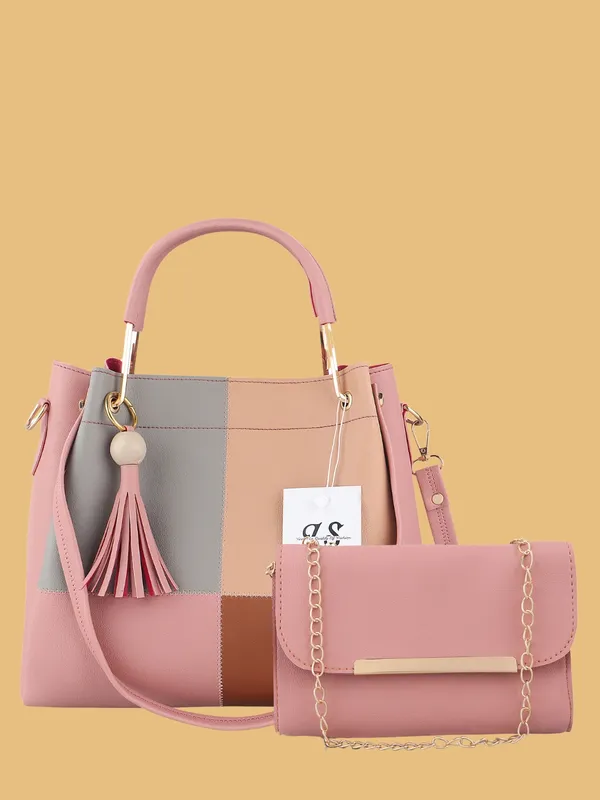 Pink_PU_Leather_Closure_Zip_Sling_Bag_Set_Of_2_(_29_*_23_*_9_Cm)