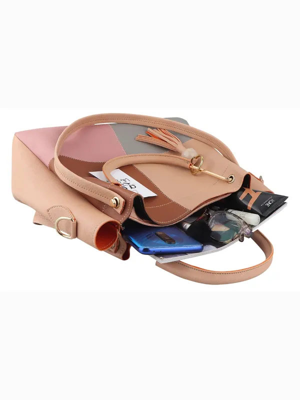 Beige_PU_Leather_Closure_Zip_Sling_Bag_Set_Of_2_(_29_*_23_*_9_Cm)