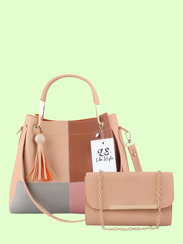 Beige_PU_Leather_Closure_Zip_Sling_Bag_Set_Of_2_(_29_*_23_*_9_Cm)