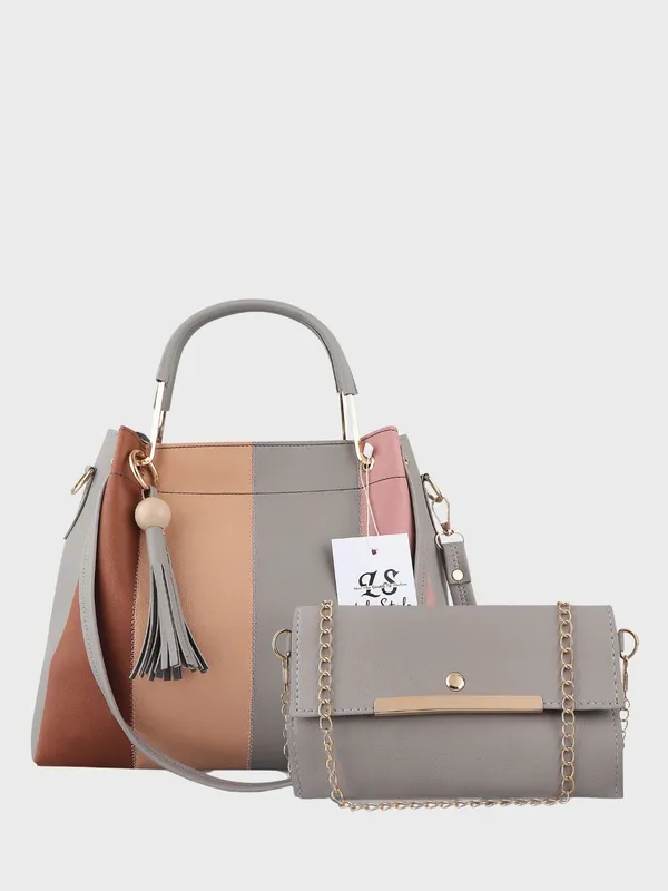 Grey_PU_Leather_Closure_Zip_Sling_Bag_Set_Of_2_(_29_*_23_*_9_Cm)