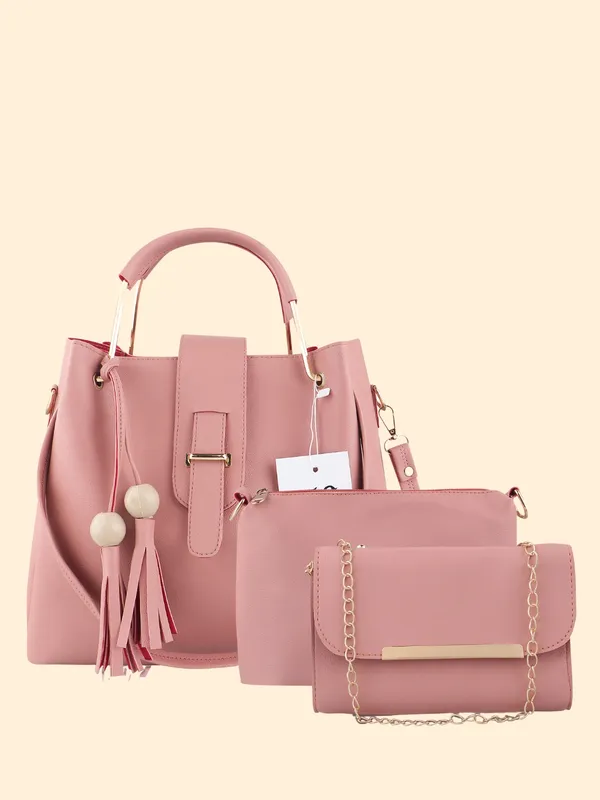 Pink_PU_Leather_Closure_Flap_&_Zip_Handheld_Set_Of_3_(_29_*_23_*_9_Cm)