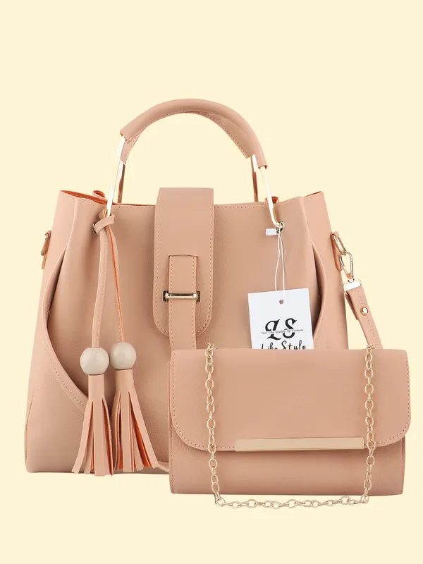 Beige_PU_Leather_Closure_Flap_&_Zip_Sling_Bag_Set_Of_2_(_29_*_23_*_9_Cm)