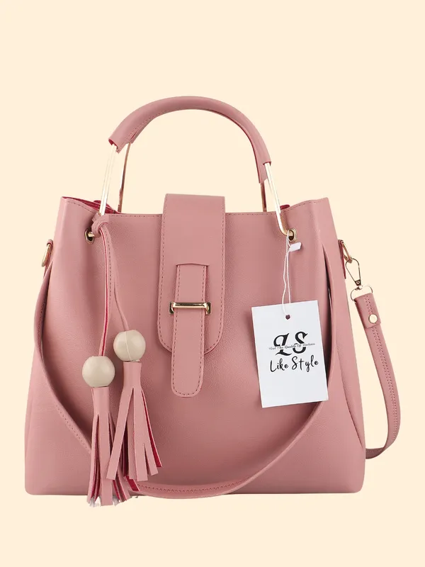 Pink_PU_Leather_Closure_Flap_&_Zip_Sling_Bag_Set_Of_2_(_29_*_23_*_9_Cm)