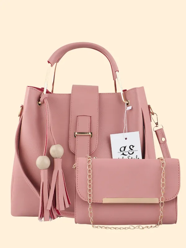 Pink_PU_Leather_Closure_Flap_&_Zip_Sling_Bag_Set_Of_2_(_29_*_23_*_9_Cm)
