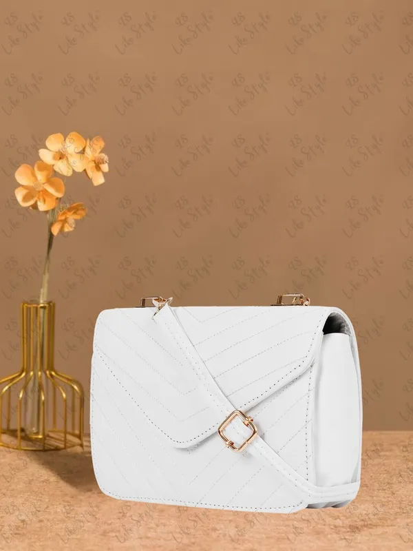 White_PU_Leather_Closure_Flap_Sling_Bag_(_24_*_17_*_8_Cm)