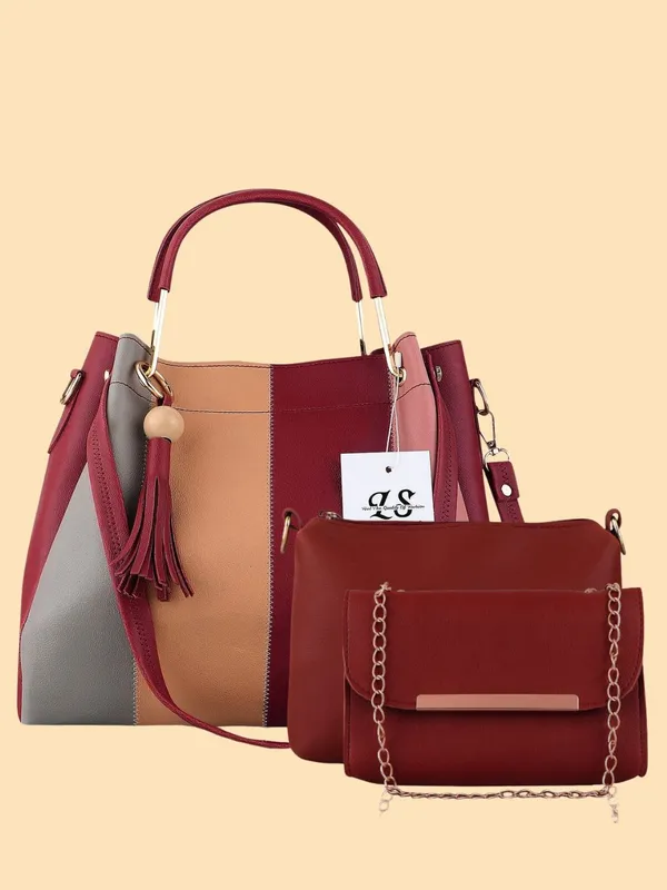 Maroon_PU_Leather_Closure_Zip_Shoulder_Bag_Set_Of_3_(_29_*_23_*_9_Cm)