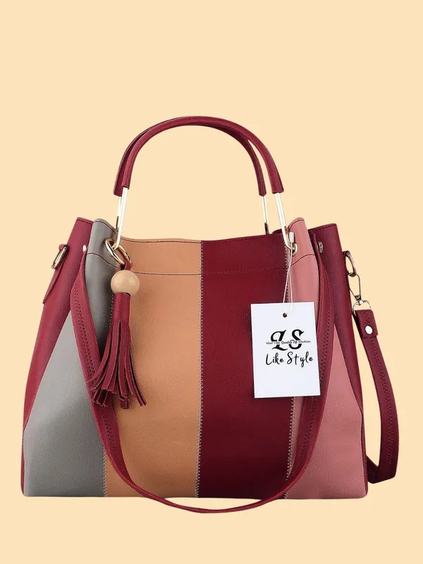 Maroon_PU_Leather_Closure_Zip_Shoulder_Bag_Set_Of_3_(_29_*_23_*_9_Cm)