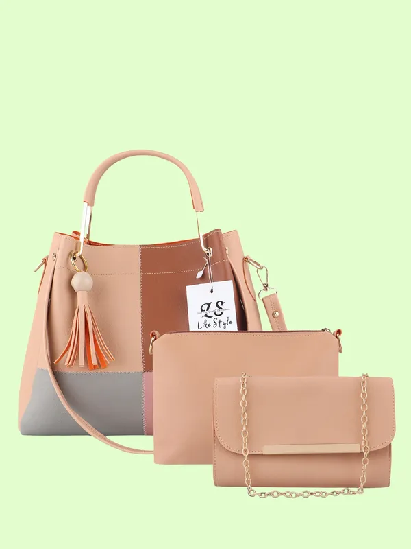 Beige_PU_Leather_Closure_Zip_Shoulder_Bag_Set_Of_3_(_29_*_23_*_9_Cm)