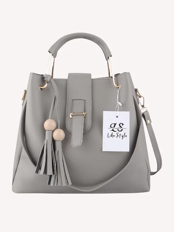 Grey_PU_Leather_Closure_Flap_&_Zip_Sling_Bag_Set_Of_2_(_29_*_23_*_9_Cm)